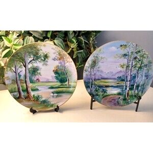 UCAGCO Landscape Plates (2) Hand Painted W/Greens, Lavenders Swans 8"